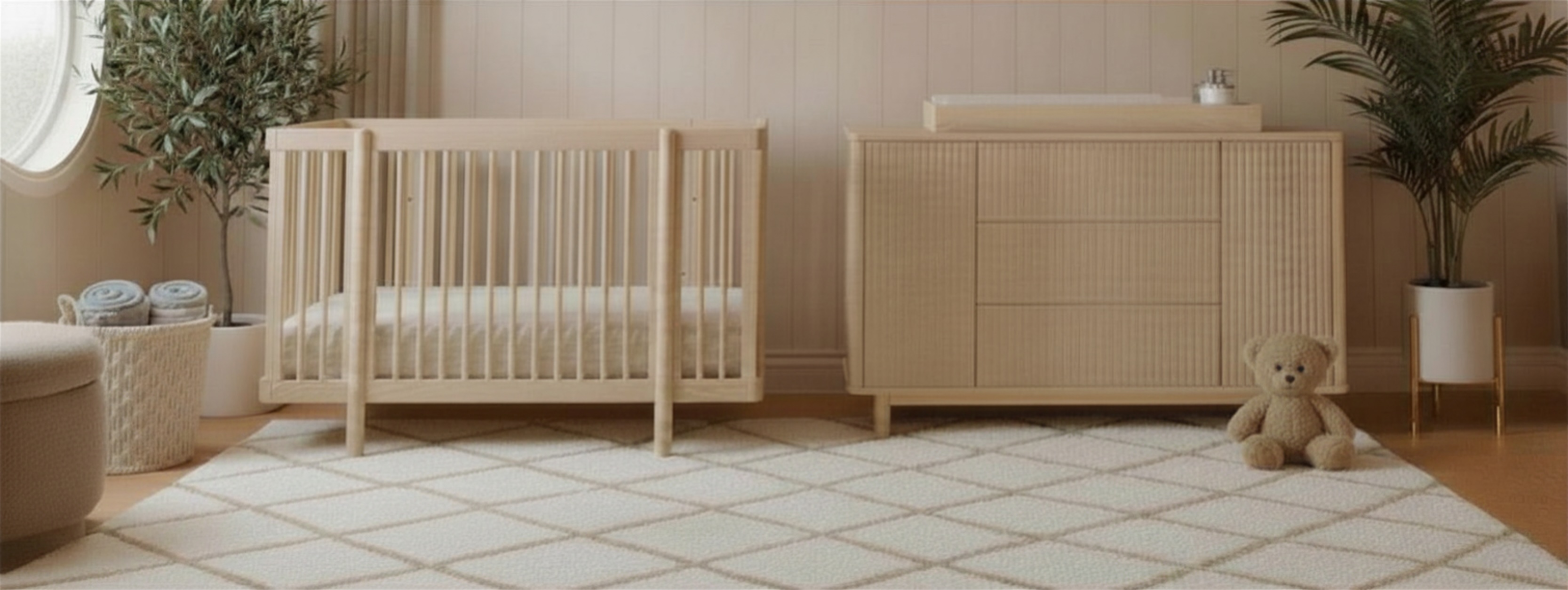Convertible cot in a styled nursery setting